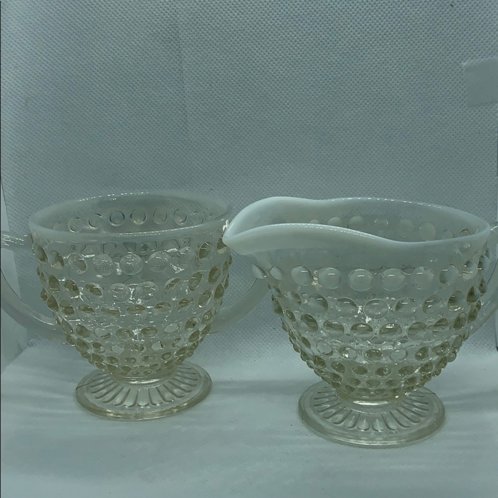 Vintage Opalescent Moonstone Hobnail Cream & Sugar